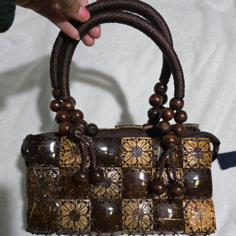 Vintage Thailand Coconut Shell Handbag Brown Beaded Boho Purse